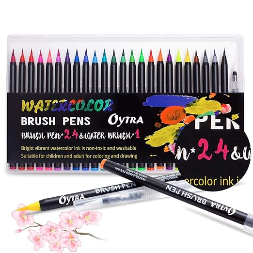 Oytra Brush Pens 24 Shades Watercolor Sketch Pen Set for Calligraphy Pens Painting Mandala Drawing Lettering Fine Art Crafts DIY Stationery Colour Marker Pens Journal