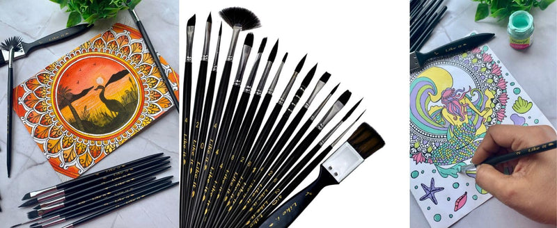 Like it Imported Pure Black Synthetic Squirrel Mix Professional Artist Painting Brush Set Synthetic Squirrel Bristle 16 Brushes Set for Acrylic, Watercolor, & Gouache Painting