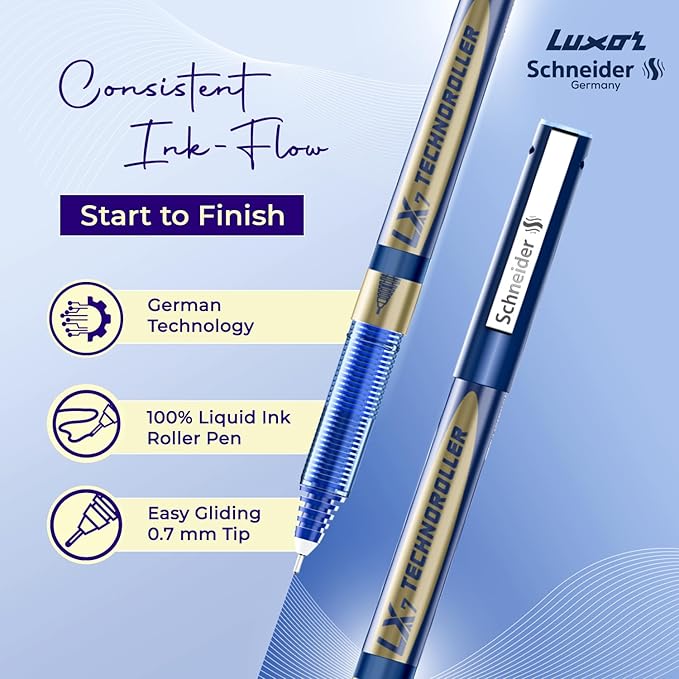 Luxor Schneider LX7 Technoroller| Pack of 2| 1Blue + 1Black |0.7 mm tip|100% Liquid Ink Roller Pen| German Technology| Smooth writing experience| Ideal Pen for Students & Professionals