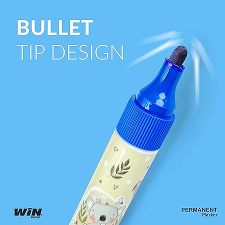 WIN Permanent Marker | Pack of 10, Blue Ink Markers | Bullet Tip | Smudge Proof Writing | Refillable Ink | Suitable for Multipurpose Usage | School and Office Stationery