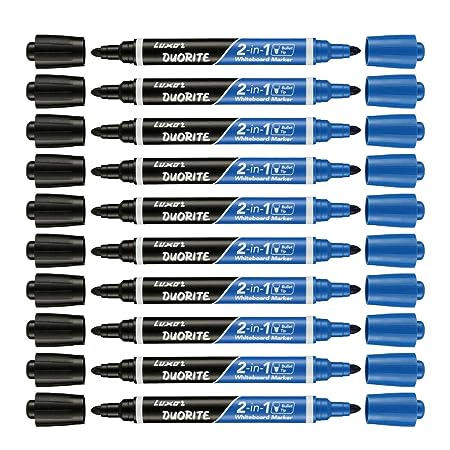 Luxor Duorite 2-In-1 Bullet Tip Whiteboard Marker - Black & Blue - Pack Of 10