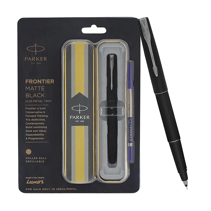 Parker Frontier Matte Black Roller Ball Pen | Gunmetal Trim |Ink Color – Blue