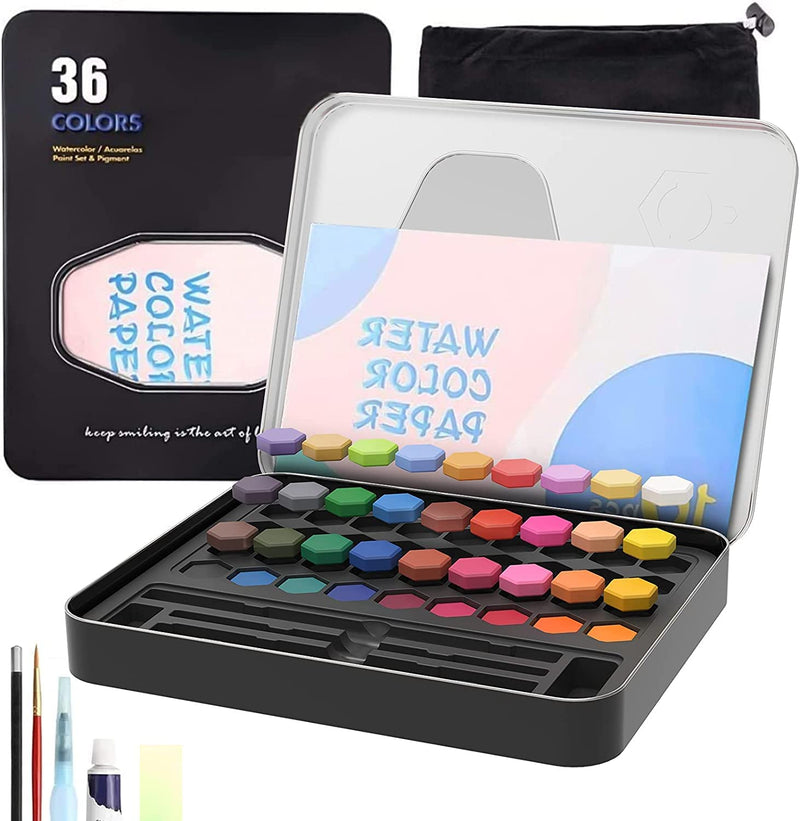 Keep Smiling 36 Watercolor Paint Sets Water Color Pigment with Painting Brush and Sponge Tin Box