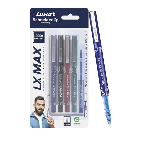 Luxor Schneider LX Max Roller Ball Pen Pack of 4 Needle Tip Blue+Black+Red+Green+1 Refill