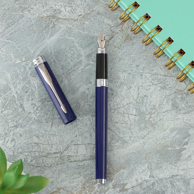 Parker Folio Chrome Trim Fountain Pen| Blue Body Color With 1 Ink Cartridge Free