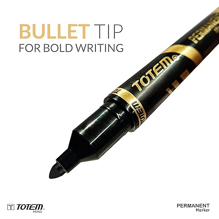 TOTEM Permanent Marker | 10 Black Ink Markers | Bullet Tip | Suitable for Multipurpose Surfaces | Smudge Free Writing | Leak Proof Markers | Students and Office Uses