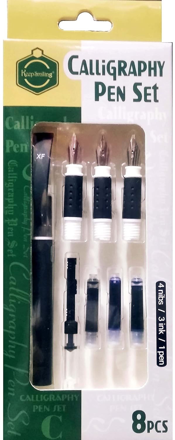 like it Keep Smiling Calligraphy Pen Set 8PCS 1 Pen Barrel 1 Extra Ink Tank 4 Stainless Steel Nibs XF/F/M/B 3 Ink Cartridges 2 Blue / 1 Back