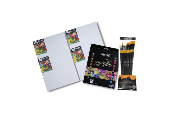 Brustro Artists’ Metallic Acrylic Set of 24 and Taklon Brush Set of 10 with 4 Canvas Boards