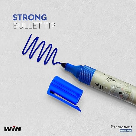 WIN Permanent Marker | Pack of 10, Blue Ink Markers | Bullet Tip | Smudge Proof Writing | Refillable Ink | Suitable for Multipurpose Usage | School and Office Stationery