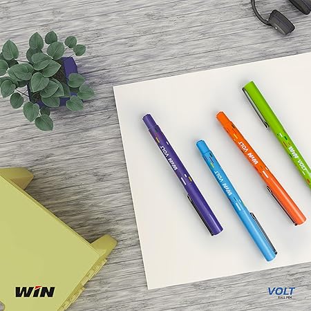 WIN Volt Ball Pens | 20 Pens (10 Blue & 10 Black) | Playful Body Colours | 0.7 mm Metal Tip | Stainless Steel Clip | Pens for Writing | Office Stationery | Pens for Students | Premium