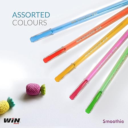 WIN Smoothie Ball Pens | 20 Blue Ink Pens | Colourful Sparkle Body Design | Use and Throw Pens | For One Time Use | Pens for Writing | Ideal for School Office & Business