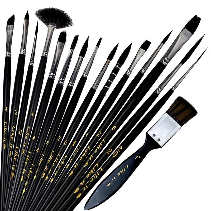 Like it Imported Pure Black Synthetic Squirrel Mix Professional Artist Painting Brush Set Synthetic Squirrel Bristle 16 Brushes Set for Acrylic, Watercolor, & Gouache Painting