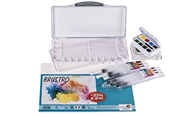 Brustro Artists Watercolor Cotton Paper with Aqua Squeeze Leak Proof Brush Pen Assorted with 18 Palette and 8 Half Pans