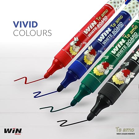 WIN Te Amo White Board Marker |  4 Markers (1 Blue, 1 Black, 1 Red & 1 Green) | Easily Eraseable Ink Refillable Markers | Ideal for School & Office Use | White Board Markers