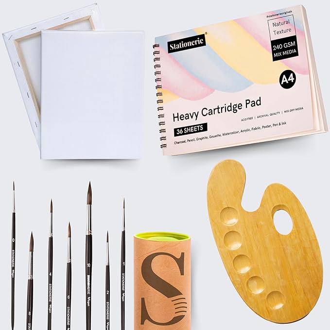 Stationerie Painting Kit for Artists -Painting Set for Adults and Kids with Professional Paint Brush Set, Mixed Media Cartridge A4 Papers, Stretched Canvas, and Wooden Palette(45 pcs)