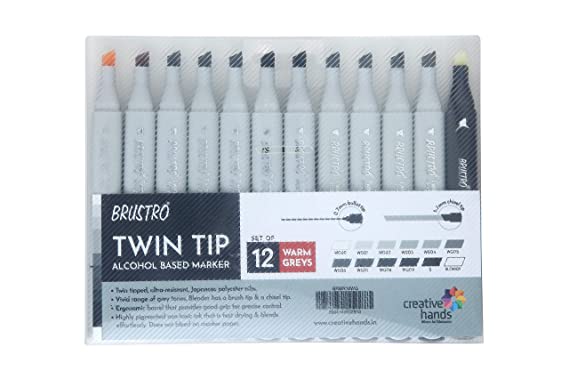 Brustro Twin Tip Alcohol Based Marker Set of 12 – Warm Greys