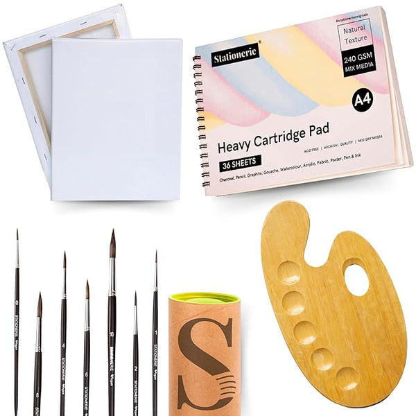 Stationerie Painting Kit for Artists -Painting Set for Adults and Kids with Professional Paint Brush Set, Mixed Media Cartridge A4 Papers, Stretched Canvas, and Wooden Palette(45 pcs)