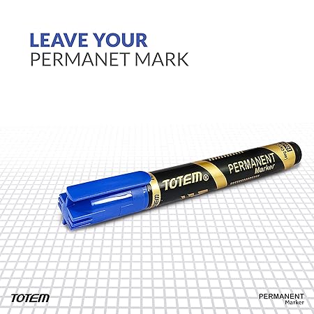 TOTEM Permanent Marker | 10 Blue Ink Markers | Bullet Tip | Suitable for Multipurpose Surfaces | Smudge Free Writing | Leak Proof Markers | Students and Office Uses