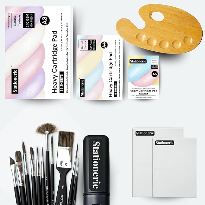 Stationerie Art Supplies Kit for Beginners, A4, A5, A3 Papers, 11 Mix Brush Set, Wooden Palette, Canvas Board, Brush Holder(123 Pcs)