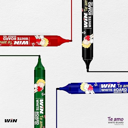 WIN Te Amo White Board Marker |  4 Markers (1 Blue, 1 Black, 1 Red & 1 Green) | Easily Eraseable Ink Refillable Markers | Ideal for School & Office Use | White Board Markers