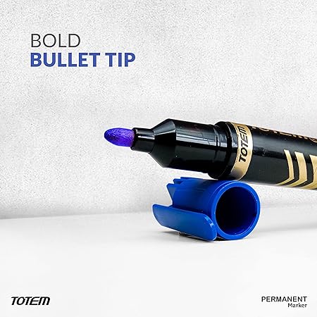 TOTEM Permanent Marker | 10 Blue Ink Markers | Bullet Tip | Suitable for Multipurpose Surfaces | Smudge Free Writing | Leak Proof Markers | Students and Office Uses