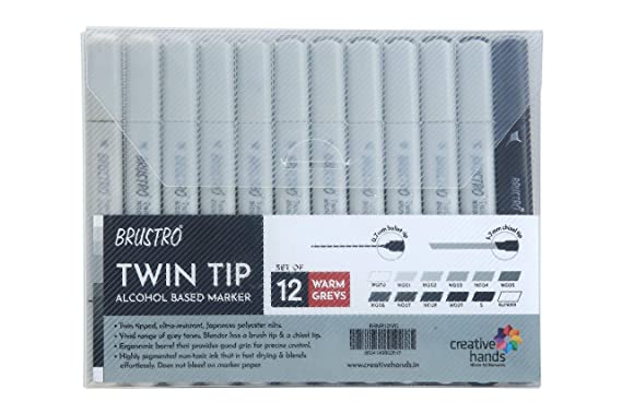 Brustro Twin Tip Alcohol Based Marker Set of 12 – Warm Greys