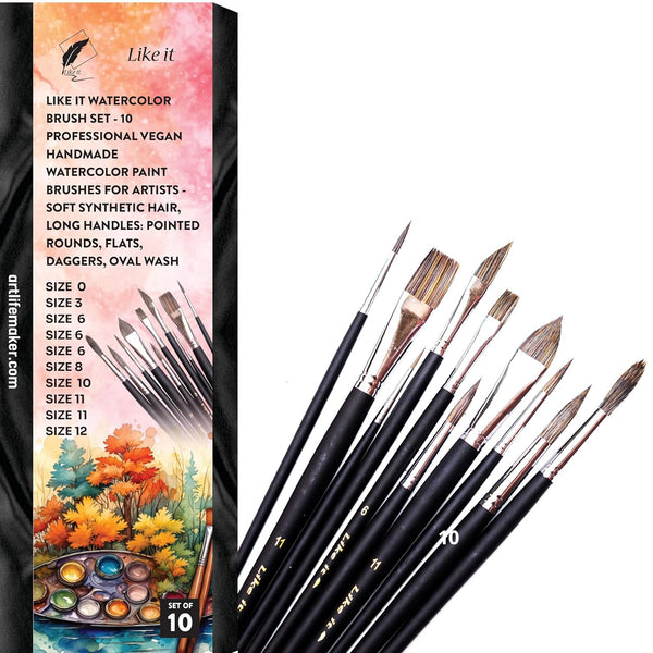 Like it Watercolor Brush Set - 10 Professional Vegan Handmade Watercolor Paint Brushes for Artists - Soft Synthetic Hair, Long Handles: Pointed Rounds, Flats, Daggers, Oval Wash