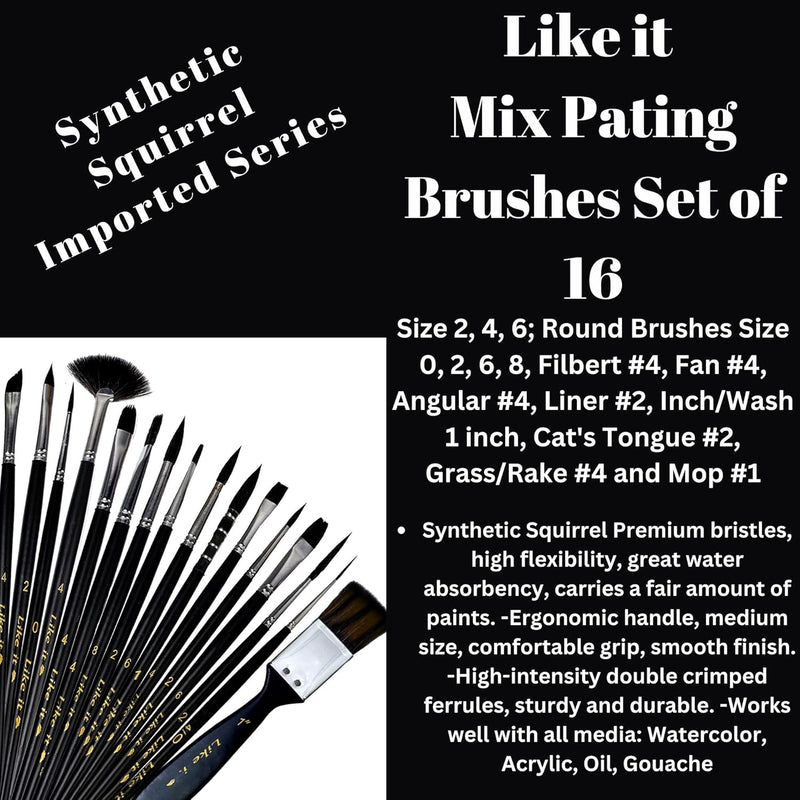 Like it Imported Pure Black Synthetic Squirrel Mix Professional Artist Painting Brush Set Synthetic Squirrel Bristle 16 Brushes Set for Acrylic, Watercolor, & Gouache Painting