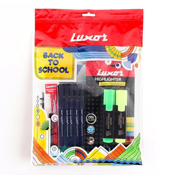 Luxor Back to School Kit - A Durable Geometry Box, Smooth Ball Pens, Mechanical Pencil, Sturdy Premium Notebook, Vibrant Super Fluorescent Highlighters - A Complete Set for Students