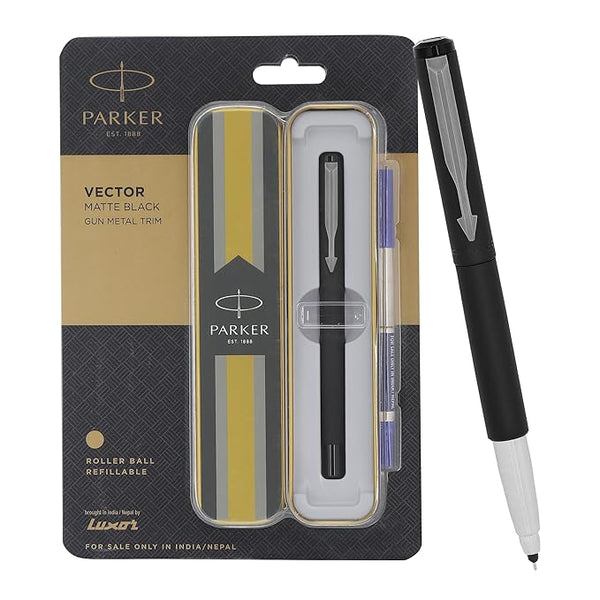 Parker Vector Matte Black Roller Ball Pen | Gunmetal Trim |Ink Color – Blue