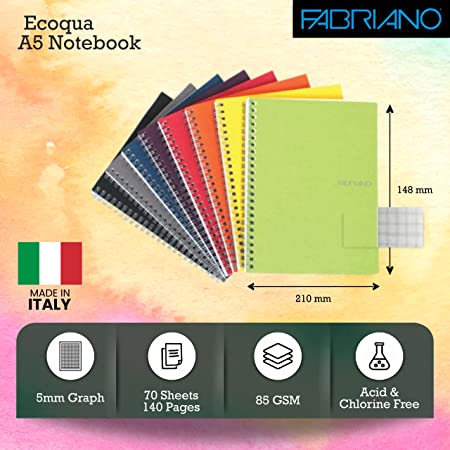 Fabriano Ecoqua A5 Spiral Bound Graph 5MM Notebook Raspberry