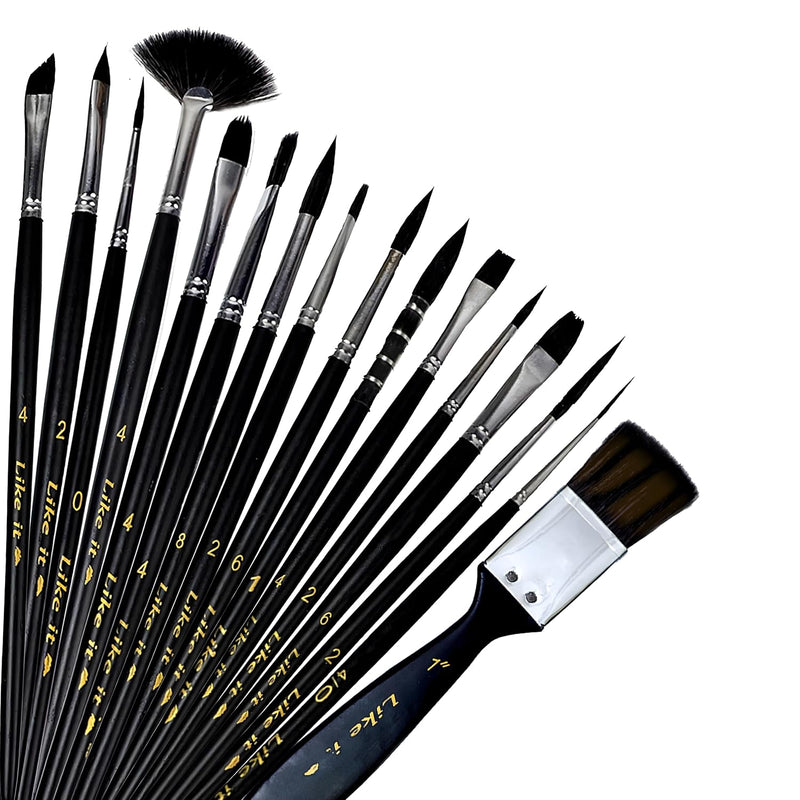 Like it Imported Pure Black Synthetic Squirrel Mix Professional Artist Painting Brush Set Synthetic Squirrel Bristle 16 Brushes Set for Acrylic, Watercolor, & Gouache Painting