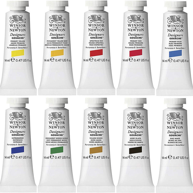 Winsor & Newton 14ml Designers Gouache Primary Colour Tubes Set - Pack of 10 (Multicolor)