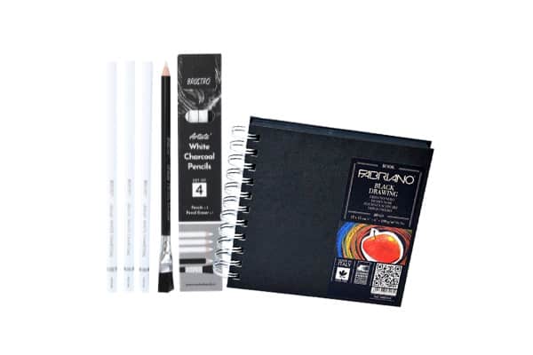 Brustro Artists’ White Charcoal Pencil Set of 3 + 1 Pencil Eraser with Fabriano Black Drawing Book 15X15cm