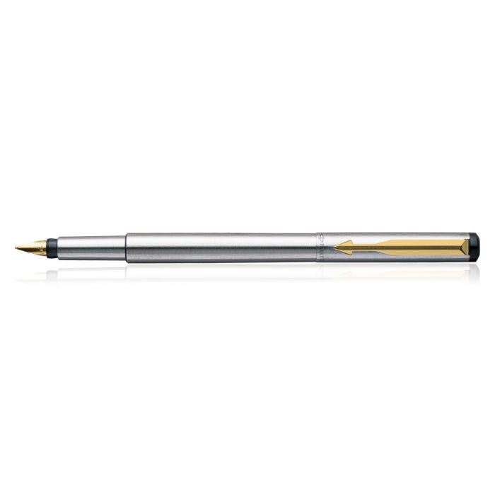 Parker Vector Stainless Steel Gold Trim Fountain Pen Fine With Gold Nibbles