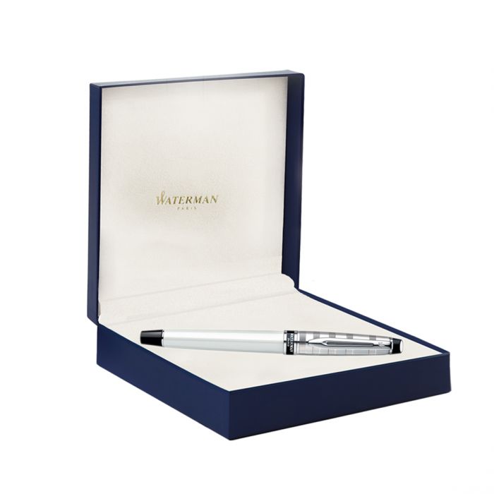 Waterman Expert Deluxe White Chrome Trim  Roller Ball Pen