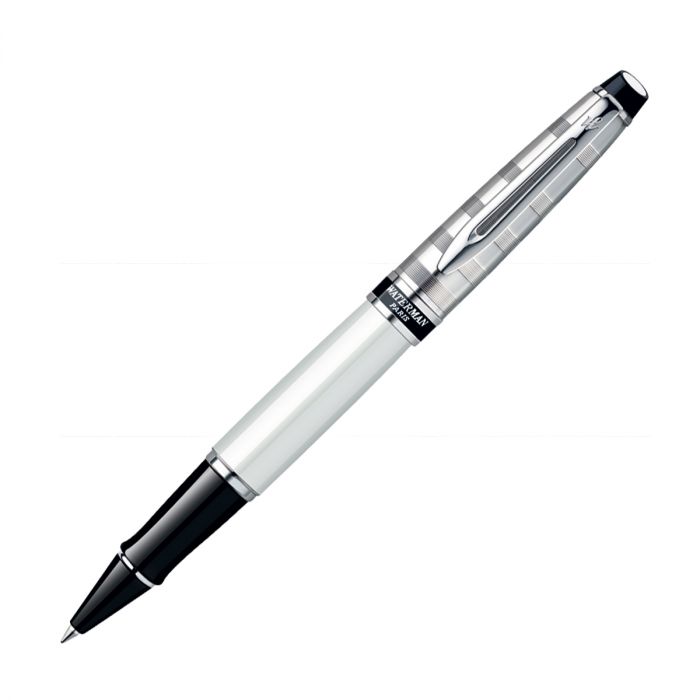 Waterman Expert Deluxe White Chrome Trim  Roller Ball Pen