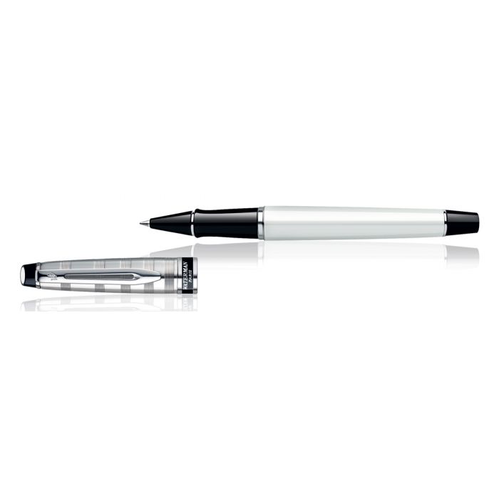 Waterman Expert Deluxe White Chrome Trim  Roller Ball Pen