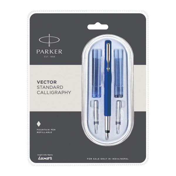 Parker Vector  Standard Calligraphy Chrome Trim Fountain Pen Blue Body Color