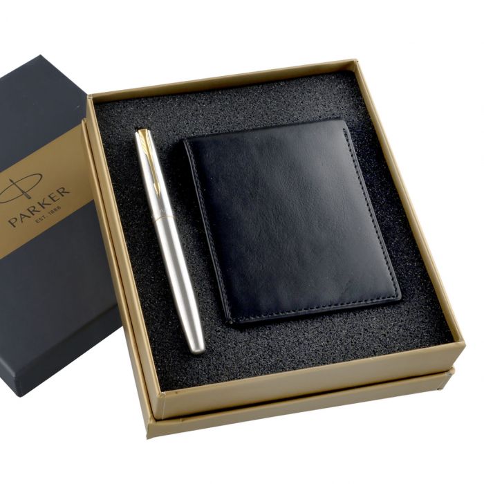 Parker Frontier Stainless Steel Gold Trim Fountain Pen + Leather Wallet Gift Set