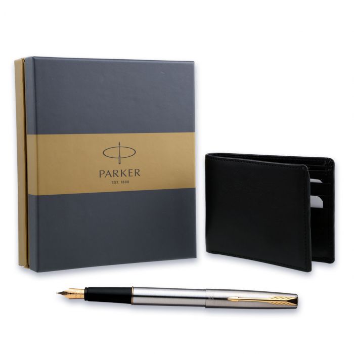 Parker Frontier Stainless Steel Gold Trim Fountain Pen + Leather Wallet Gift Set