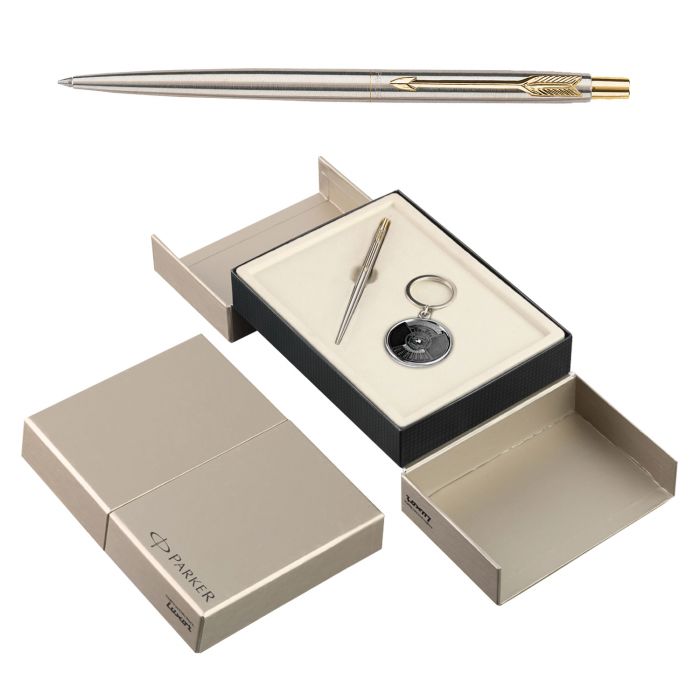 Parker Classic Stainless Steel Gold Trim Ball Pen With Keychain Gift Set