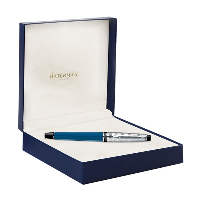 Waterman Expert Deluxe Blue Chrome Trim  Roller Ball Pen