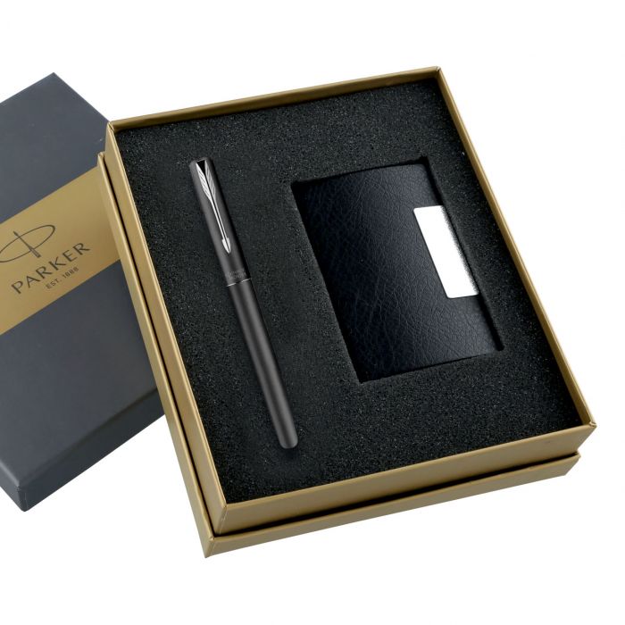 Parker Frontier Matte Black Fountain Pen Chrome Trim + Free Wallet Gift Set