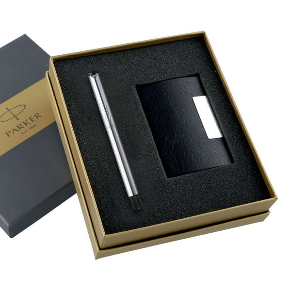 Parker Vector Stainless Steel Roller Ball Pen Chrome Trim + Free Card Holder Gift Set