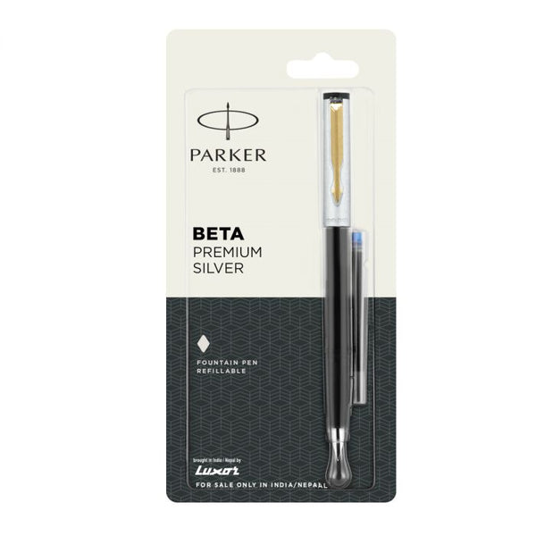 Parker Beta Premium Fountain Pen Gold Trim Silver Finish Cap + 1 Ink Cartridge Free