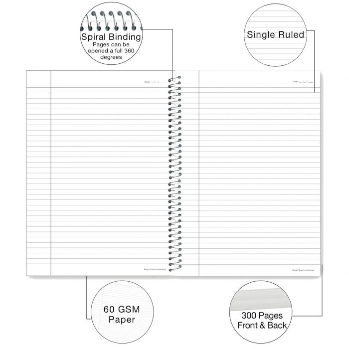 Luxor 6 Subject Spiral Premium Exercise Notebook, Single Ruled - (21cm x 29.7cm), 300 Pages- Focus