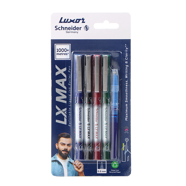 Luxor Schneider LX Max Roller Ball Pen Pack of 4 Cone Tip Blue+Black+Red+Green+1 Refill