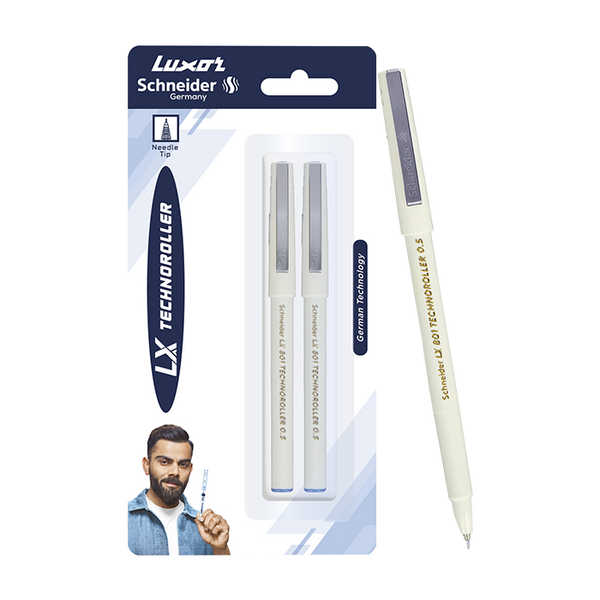 Luxor Schneider LX 801 Technoroller | Roller Ball Pen | Pack of 2 - Blue | Needle Tip | 0.5mm