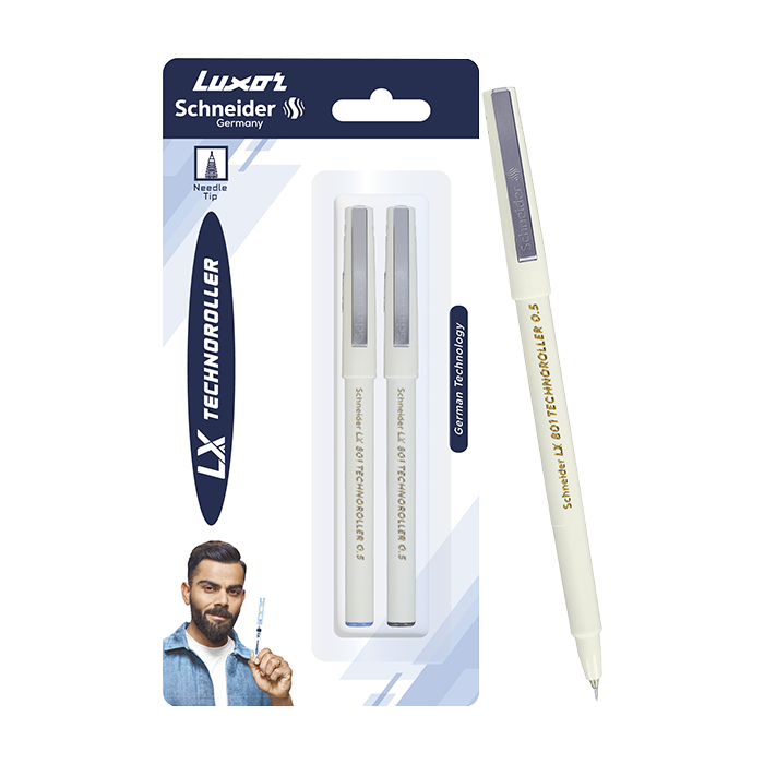 Luxor Schneider LX 801 Technoroller | Roller Ball Pen | Pack Of 2 - (Blue + Black) | Needle Tip | 0.5mm